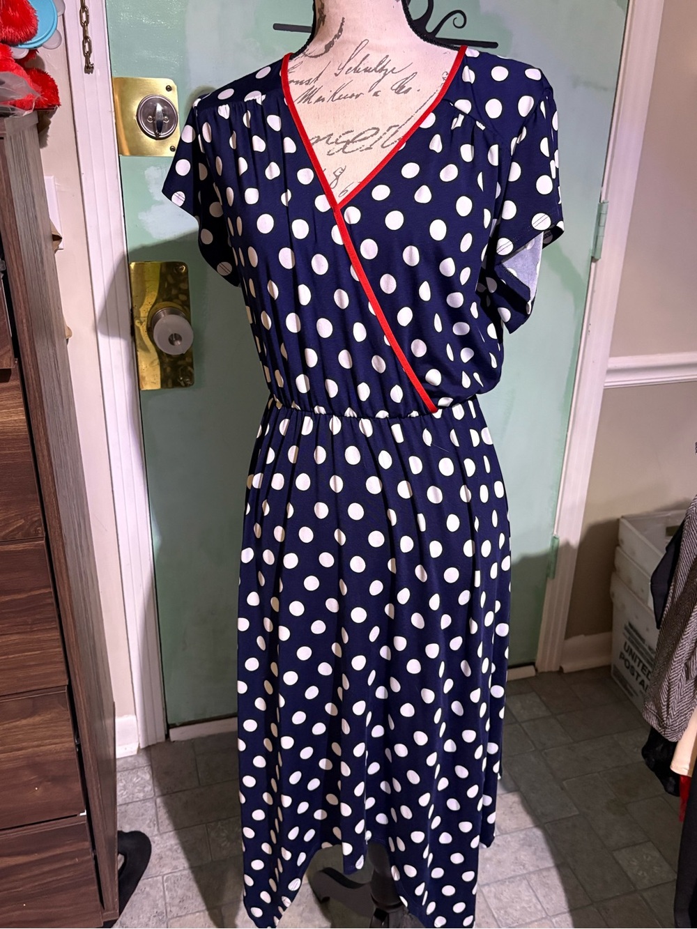 Robert Louis Navy Polka Dot Midi Dress with Red Trim